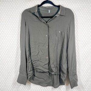 Eleventy‎ Dark Grey Silk Button Down Long Sleeve Top